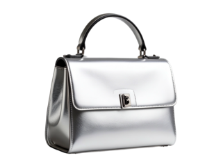 Shiny silver handbag with top handle and flap closure