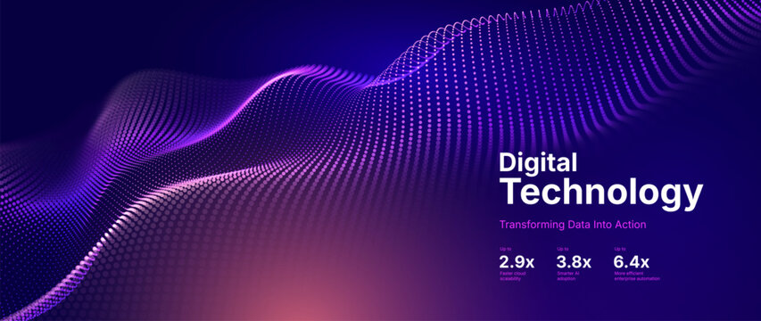 Digital Transformation Concept with Futuristic Data Flow and Smart Technology Visualization. Abstract Big Data, Artificial Intelligence AI, Automation Design. Tech and Science Vector Illustration.