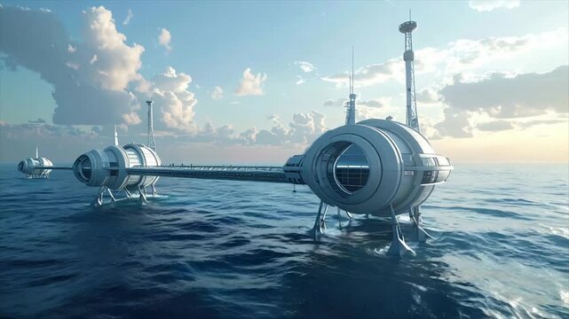 Futuristic structures on the ocean's surface, with spherical sections and towers against sky