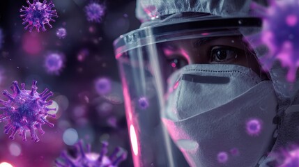 A healthcare worker in full protective gear surrounded by virus symbols represents courage, responsibility, and frontline response during a pandemic.

