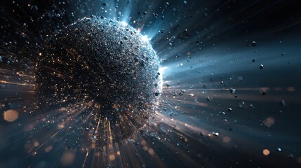 An abstract digital sphere dissolving into particles with radiant light rays, expressing futuristic technology, energy, and innovation.
