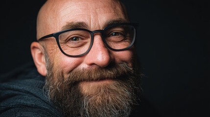A middle aged man with a beard and glasses smiling warmly, conveying confidence, approachability, and professional character. 
