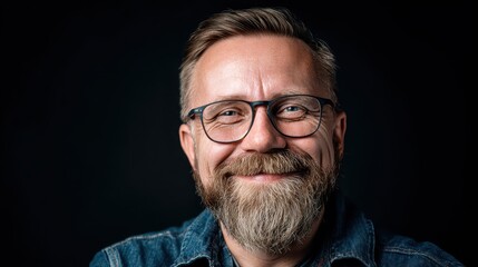 A middle aged man with a beard and glasses smiling warmly, conveying confidence, approachability, and professional character. 