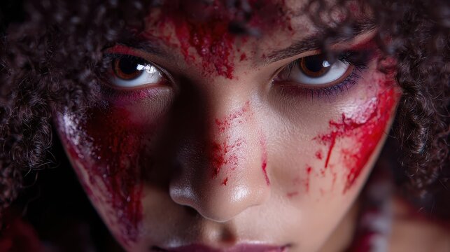 A young woman with dramatic horror makeup and realistic fake blood effects conveys intensity, fear, and dark artistic expression.
