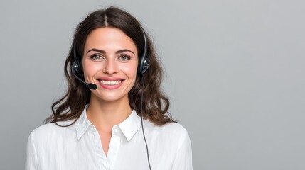 A friendly customer service representative wearing a headset smiles confidently, conveying professionalism, support, and approachability.
