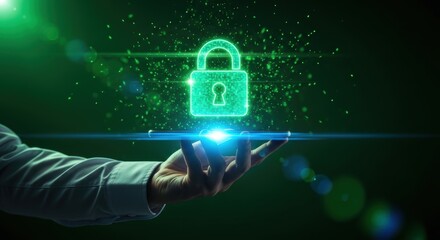 Digital padlock icon floating above hand holding a smartphone on a dark futuristic green background