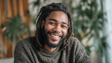 A young African American man with dreadlocks smiling warmly, radiating genuine happiness, confidence, and positive energy.
