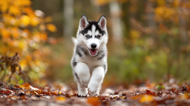 A playful Siberian husky puppy running through an autumn forest, radiating energy, joy, and vibrant fall spirit.
