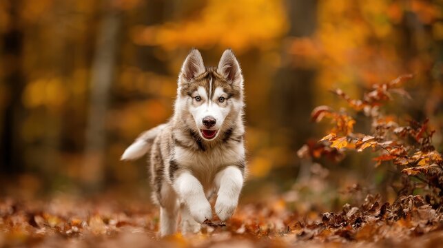 A playful Siberian husky puppy running through an autumn forest, radiating energy, joy, and vibrant fall spirit.
