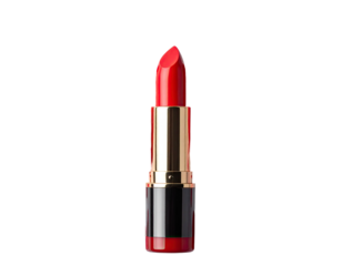 Glossy red lipstick in gold, black case on dark background
