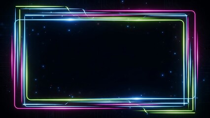 Abstract glowing rectangle neon light frame on dark digital background