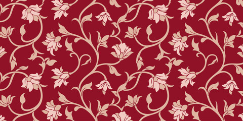 A close-up view of a red floral pattern with white flowers and vines on a red background © Dhani