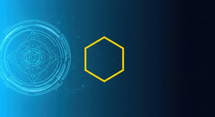 Abstract Blue Technology Background with Yellow Hexagon and Digital Elements