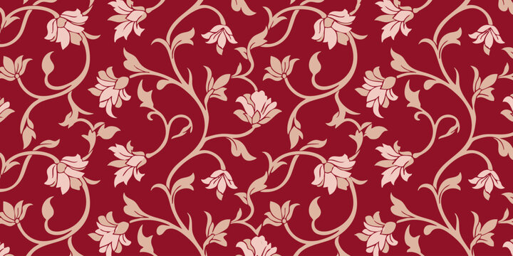 A close-up view of a red floral pattern with white flowers and vines on a red background