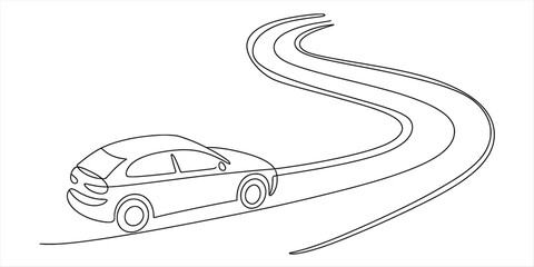A single continuous line drawing capturing a car's journey along a winding road on a white background Vector, illustration © Pabon Art Gallery