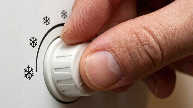 Controlling the Temperature: A hand adjusts a white dial with snowflake icons, symbolizing control over cooling and the environment.
