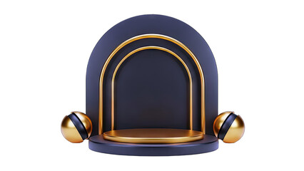 3D Rendered Podium with Golden Spheres and Arches
