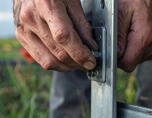 Close-up of hands tightening a bolt on metal frame