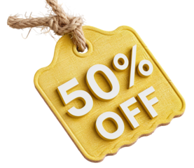 Hanging label displays a bold 50 percent off sign, designed in yellow with a textured finish. The label is cut out with a transparent background, ideal for promotions or sales