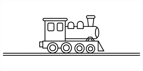 Simple black and white line art drawing of a toy train locomotive on railroad tracks Vector, illustration © Pabon Art Gallery