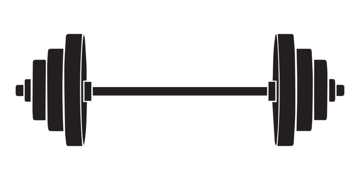 A classic barbell with multiple weight plates on each side presented as a bold black silhouette against a white background,Black silhouette of a barbell with radiating lines, pro