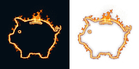 Savings piggy bank icon with flame outline for personal budget planning and emergency fund tracking, money deposit symbol for banking apps, investment dashboards and expense reports