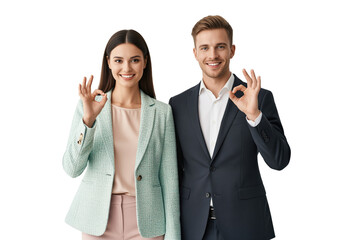 Okay hand sign from business duo in studio confirming approval of a deal, man and woman isolated cutout for testimonial graphics, satisfaction surveys and service review messaging materials