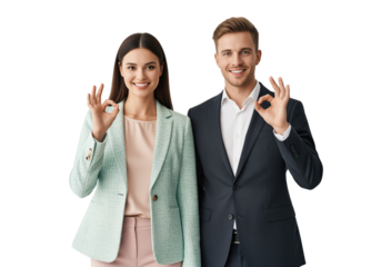 Okay hand sign from business duo in studio confirming approval of a deal, man and woman isolated cutout for testimonial graphics, satisfaction surveys and service review messaging materials