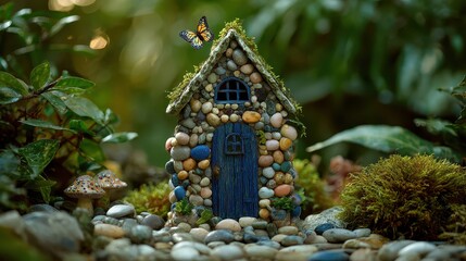 Fototapeta premium A whimsical fairy house decorated with colorful stones and a blue door, surrounded by lush greenery and gentle butterflies, evoking magic and wonder. 