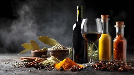 Bottle and glass of wine with assorted spices on a black background, moody and elegant. Concept: Wine tasting, gourmet lifestyle, culinary art, luxury food styling, atmospheric beverage photography.