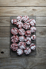 Homemade Strawberry and Red Velvet Crinkle Cookies on Cooling Rack. 