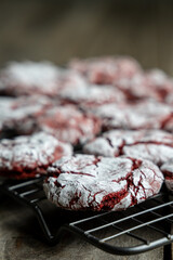 Homemade Strawberry and Red Velvet Crinkle Cookies on Cooling Rack. 
