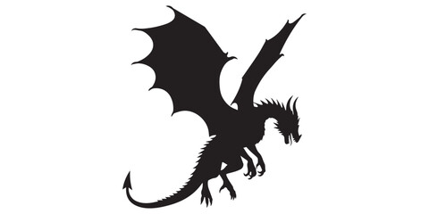 Black dragon silhouette flying with spread wings, fantasy monster vector illustration, mythical creature isolated on white background, gothic tattoo design, pro © SujetaRani