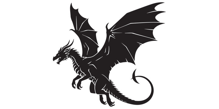 Black dragon silhouette flying with spread wings, fantasy monster vector illustration, mythical creature isolated on white background, gothic tattoo design, pro