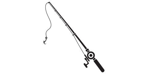 Fototapeta premium A silhouette fishing rod is angling with a hook on a white background, black and white fishing rods with reels on white background fishing pole, Simple black silhouette , pro