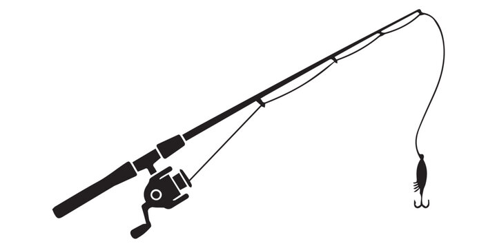 A silhouette fishing rod is angling with a hook on a white background, black and white fishing rods with reels on white background fishing pole, Simple black silhouette , pro