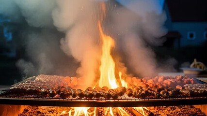 Grilling Flames and Food: A fiery barbecue scene with tantalizing food cooking over hot embers and billowing smoke, a celebration of culinary passion.