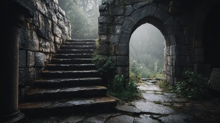 Mystical old stone stairs with an arch and winding path symbolize mystery, ancient journeys, and timeless architectural heritage.
