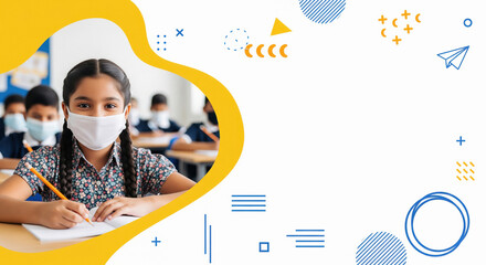 Young Student with Mask Studies Safely in School Classroom