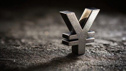 A yen currency symbol standing on a metal surface represents Japanese economy, financial strength, and investment value.
