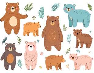 Whimsical cartoon bears of various colors and shapes are surrounded by stylized leaves on a white background