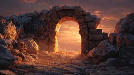 An ancient stone archway glowing in sunset light symbolizes mystery, timeless history, and the spiritual presence of forgotten ruins.

