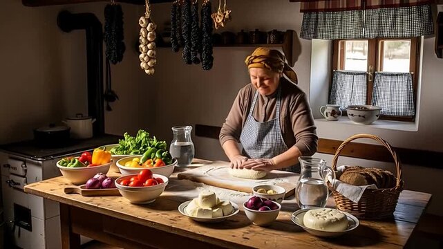Culinary Craft: A woman in traditional attire, immersed in the art of baking in a rustic kitchen setting, surrounded by a vibrant display of fresh ingredients.