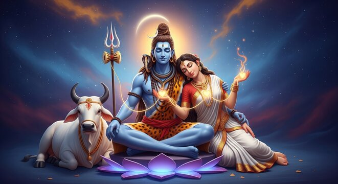 Cosmic Shiva Parvati and Nandi Divine Family Spiritual Art