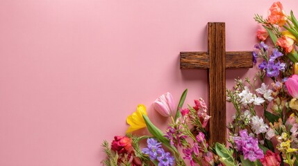 A wooden cross surrounded by colorful spring flowers symbolizes Easter hope, faith, renewal, and joyful religious celebration.
