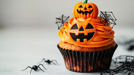 A delightful Halloween cupcake with a spooky pumpkin design and spider web decorations AI Generative