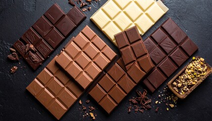 Chocolate Bars with Cocoa Beans and Broken Pieces on Dark Surface with Highlighted Texture