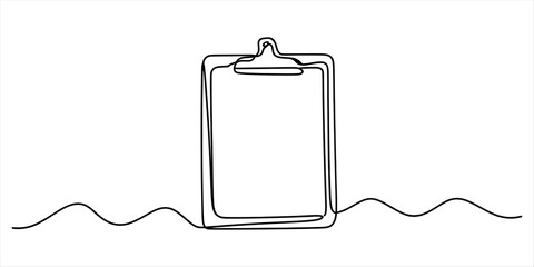 A simple and minimalist continuous line art illustration featuring a clipboard on a wavy line Vector, illustration © Pabon Art Gallery