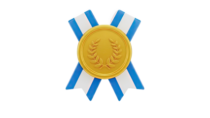 Gold medal with blue and white ribbons on transparent background