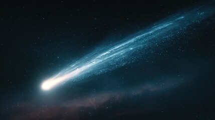 A bright icy comet with a glowing tail of dust and frozen particles streaking through space symbolizes cosmic motion, mystery, and universal scale.

